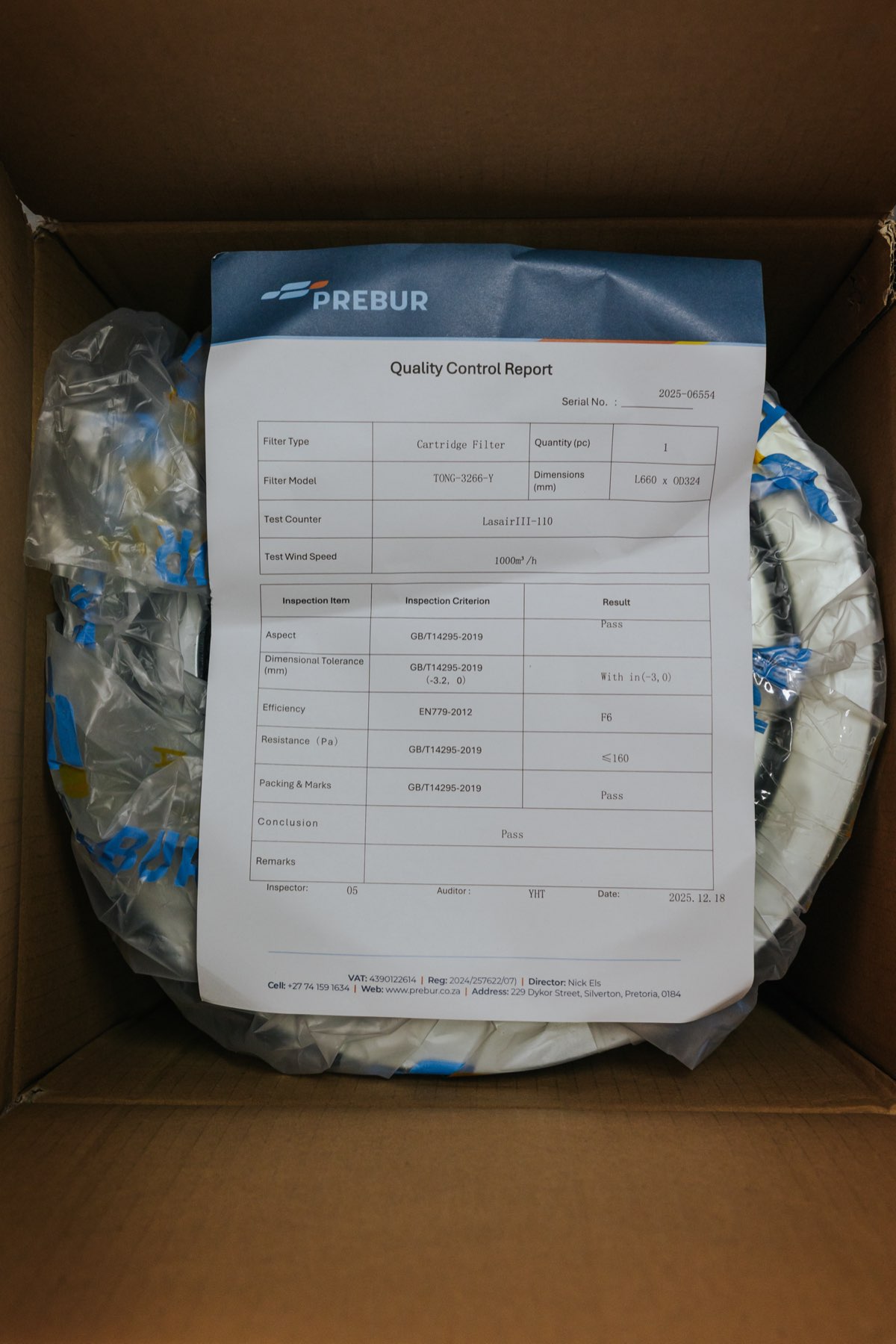 Airtech cartridge filter quality test report